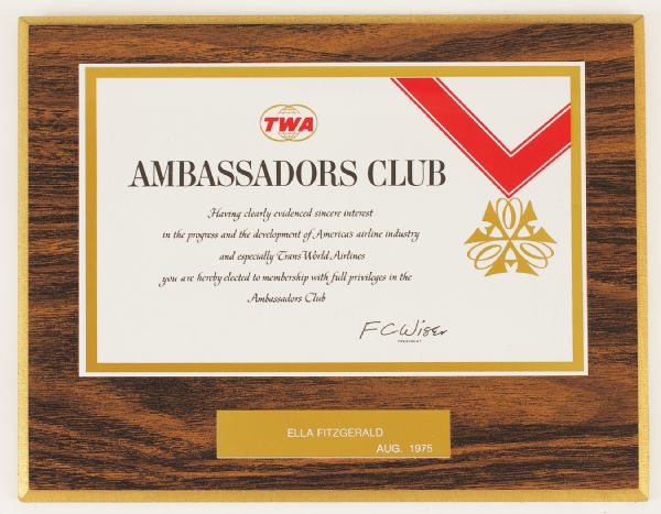 Ella Fitzgerald Original TWA Ambassadors Club Membership Plaque