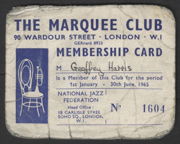 Marquee Club Original 1965 Membership Card 