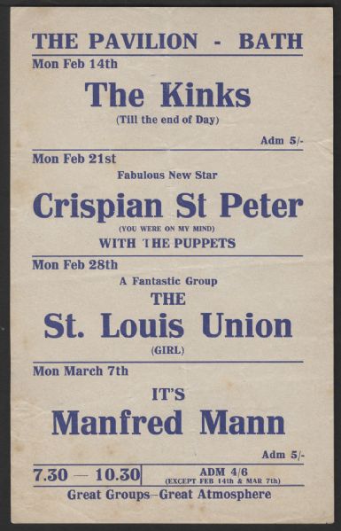 Bath Pavilion Original Concert Handbill Featuring The Kinks and Manfred Mann