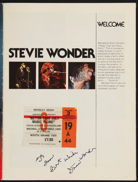 Stevie Wonder Signed & Inscribed Concert Program and Ticket