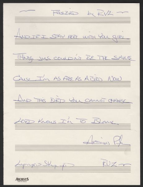 Lynyrd Skynyrd Artimus Pyle Handwritten & Signed "Freebird" Lyrics