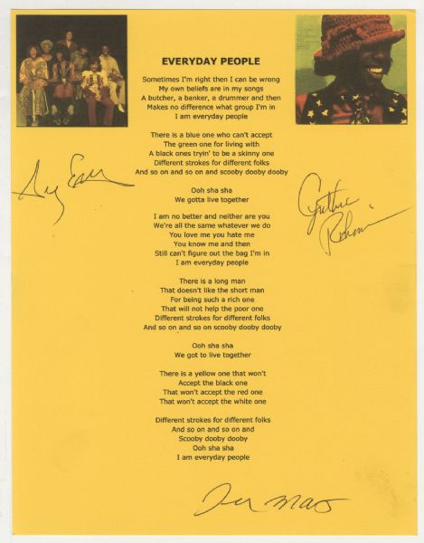 Sly and the Family Stone Signed "Everyday People" Lyrics