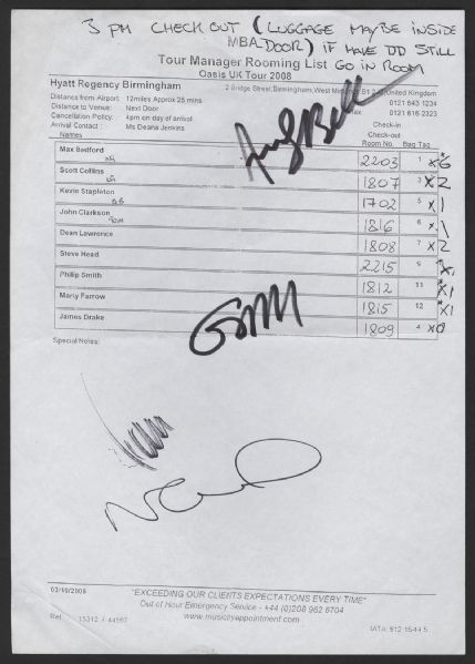 Oasis Signed Tour Managers Check-In Sheet