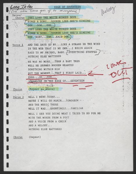 Stevie Nicks Hand Annotated "Edge Of Seventeen" Lyrics