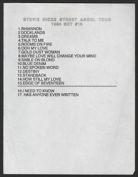 Stevie Nicks Original Street Angel Tour Concert Set List