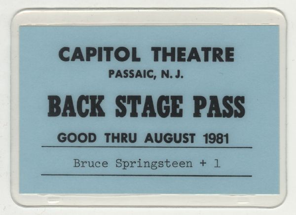 Bruce Springsteens 1981 Personal Capitol Theatre Back Stage Pass Laminate