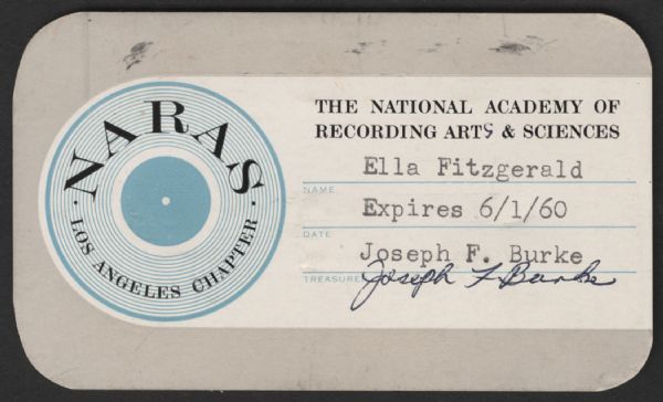 Ella Fitzgerald Original National Academy of Recording Arts & Sciences (NARAS) ID Card