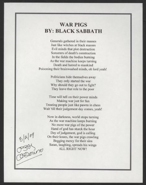 Ozzy Osbourne Signed Black Sabbath "War Pigs" Lyric Sheet