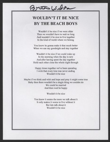 Brian Wilson Signed Beach Boys "Wouldnt It Be Nice" Lyric Sheet