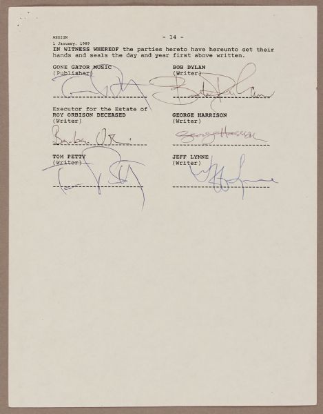 George Harrison, Bob Dylan and Tom Petty Signed Traveling Wilburys "Last Night" Agreement