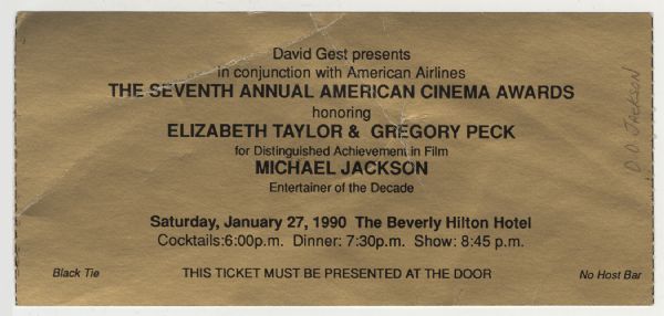 D.D. Jacksons American Cinema Awards Original Invitation Honoring Elizabeth Taylor, Gregory Peck and Michael Jackson