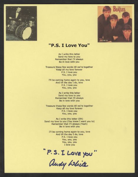 Beatles Andy White Signed "P.S. I Love You" Lyrics