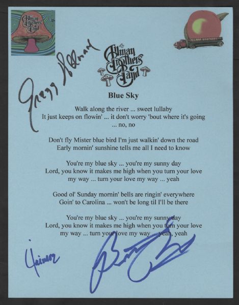 Allman Brothers Band Signed "Blue Sky" Lyrics