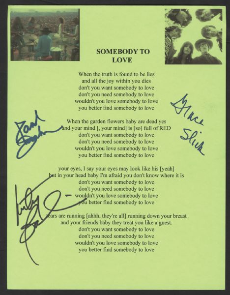 Jefferson Airplane Signed "Somebody To Love" Lyrics