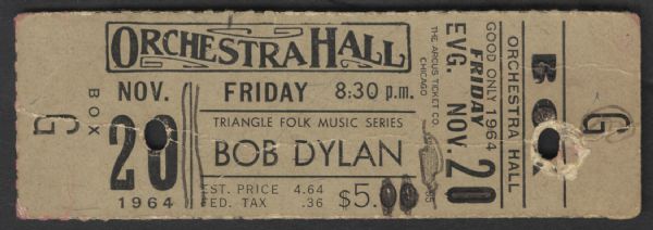 Bob Dylan Original 1964 Unused Orchestra Hall Concert Ticket