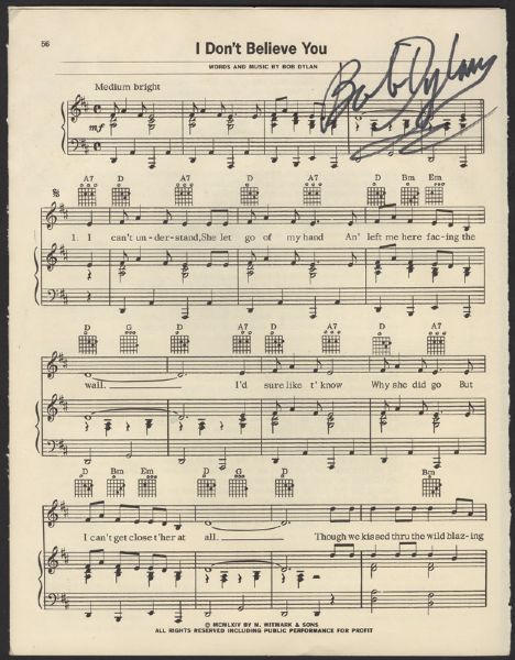 Bob Dylan Signed "I Dont Believe You" Sheet Music