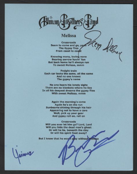 Allman Brothers Band Signed "Melissa" Lyrics