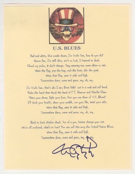 Grateful Dead Tom Constanten Signed "US Blues" Lyrics