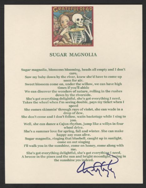 Grateful Dead Tom Constanten Signed "Sugar Magnolia" Lyrics