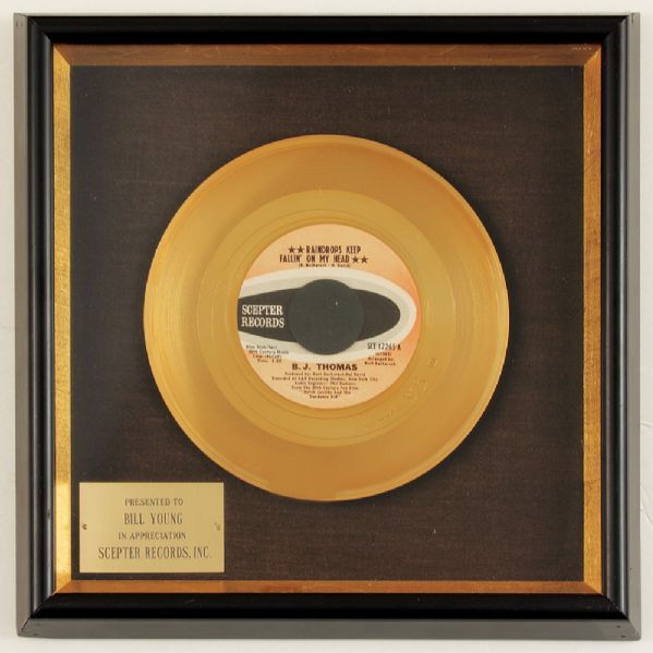 B.J. Thomas "Raindrops Are Falling On My Head" Original Gold Single Record Award