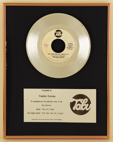 The S.O.S. Band "Take Your Time (Do It Right)" Original Tabu Records In House Platinum Award Presented to Frankie Crocker