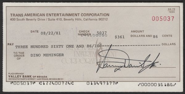 Sammy Davis, Jr. Signed Check to Dino Meminger From His Personal Collection