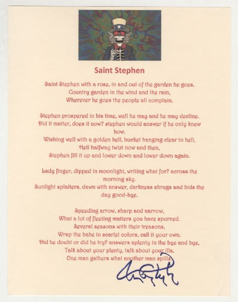 Grateful Dead Tom Constanten Signed "Saint Stephen" Lyrics