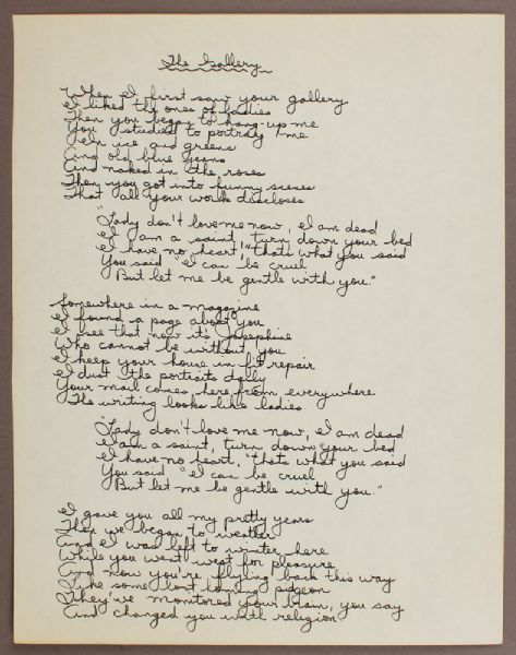 Joni Mitchell "The Gallery" Handwritten Lyrics Circa 1967-69