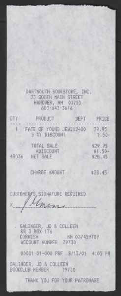 Lot Detail - JD Salinger Original Book Store Receipt