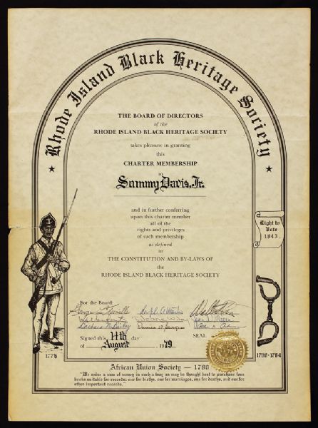 Sammy Davis Jr. Original Rhode Island Black Heritage Society Charter Membership Certificate