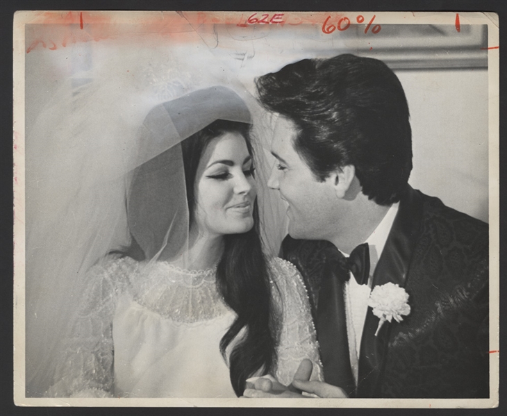Elvis and Priscilla Presley Original Wire Stamped Wedding Photograph