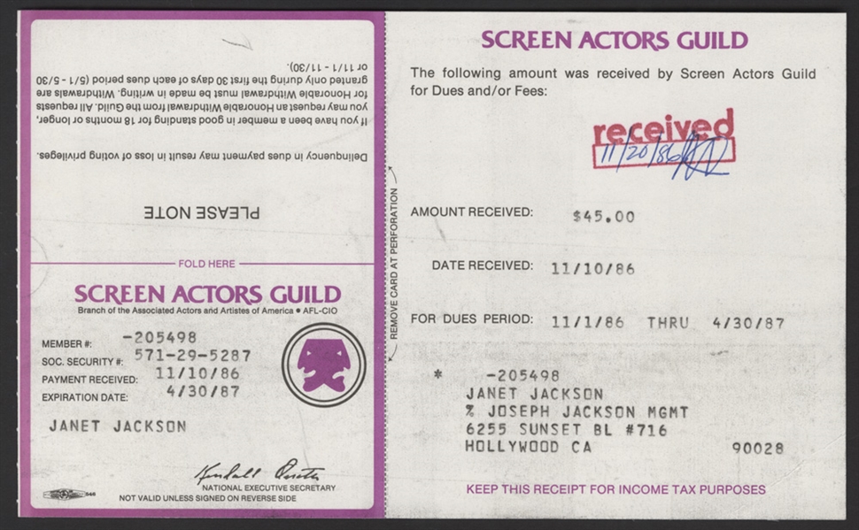 Janet Jackson Original Screen Actors Guild Card (SAG)