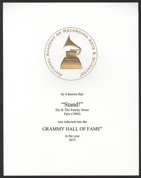 Sly & The Family Stone Original Grammy Hall of Fame Induction Certificate for "Stand!"