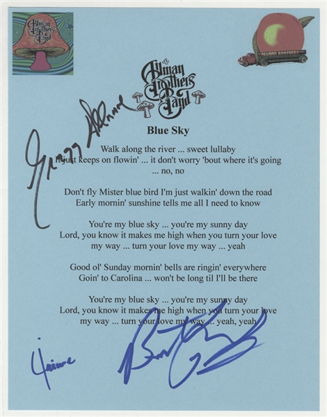 Allman Brothers Signed "Blue Sky" Lyrics