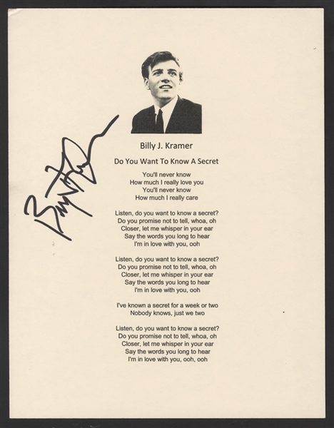 Billy J. Kramer Signed Beatles "Do You Want To Know A Secret" Lyrics