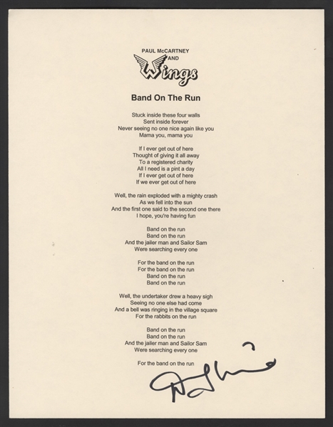 Denny Laine Signed Paul McCartney & Wings "Band On the Run" Lyrics