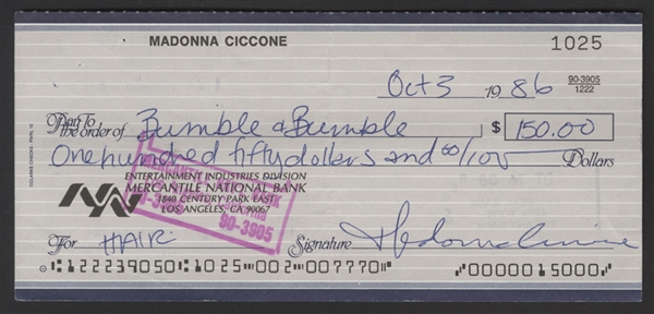 Madonna Handwritten & Signed "Madonna Ciccone" Personal Check