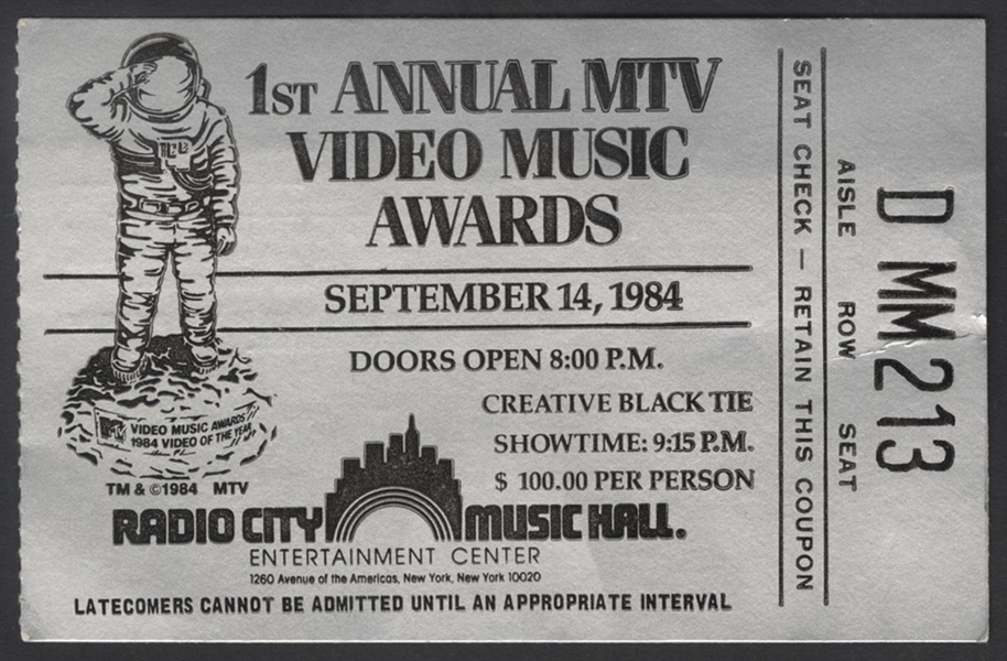 First Annual MTV Video Music Awards Show Original Ticket