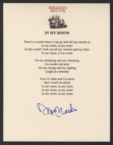 Beach Boys David Marks Signed "In My Room" Lyrics 