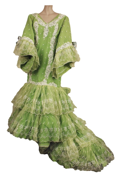 Celia Cruz Worn Elaborate Green Lace Organza Evening Gown With Silver Sequins