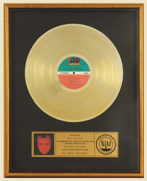 "No Jacket Required" Original RIAA Gold LP Record Album Award Presented to Phil Collins