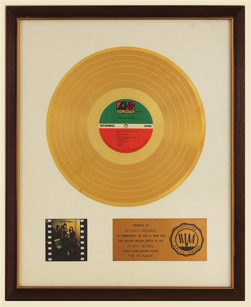 "The Yes Album" Original RIAA White Matte Gold LP Record Album Award Presented to Atlantic Records