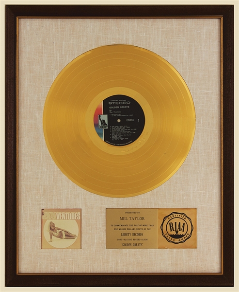 The Ventures "Golden Greats" Original RIAA White Matte Gold LP Record Album Award Presented to Drummer Mel Taylor