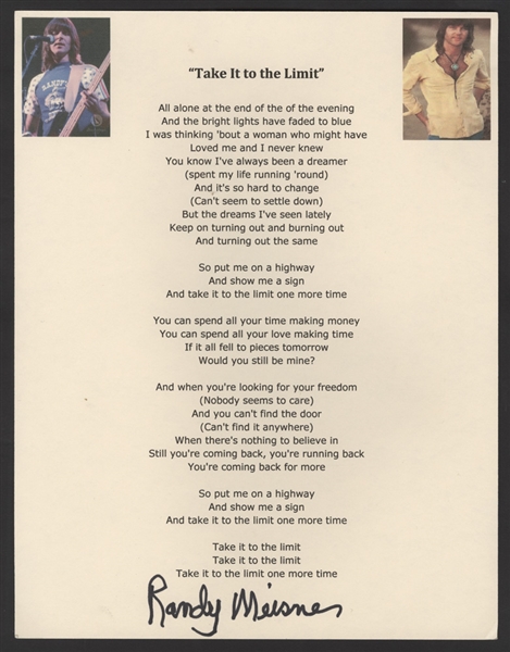 Randy Meisner Signed Eagles "Take It To The Limit" Lyrics