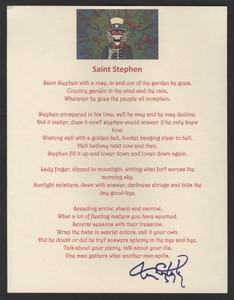 Tom Constanten Signed Grateful Dead "Saint Stephen" Lyrics