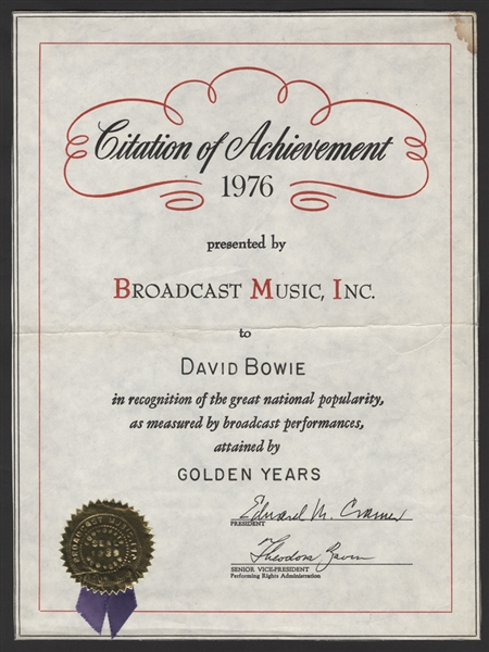 David Bowies "Golden Years" Original 1976 BMI Award