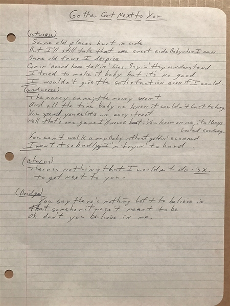 Southside Johnny Handwritten Lyric "Gotta Get Next To You" From the Album "Hearts Of Stone"
