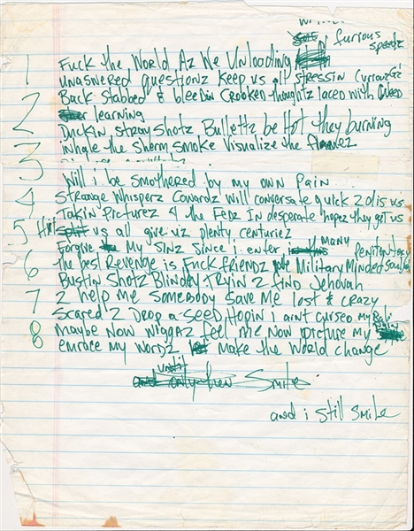 Tupac Shakur Handwritten "Smile" Lyrics 