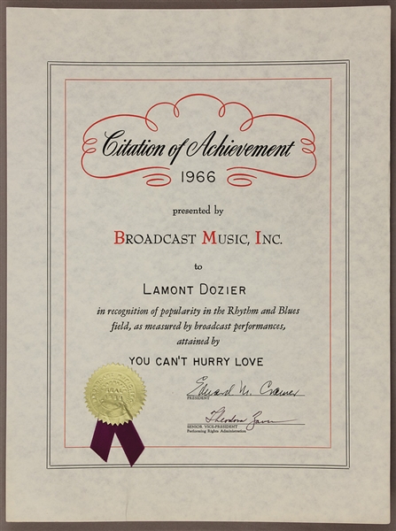 "You Cant Hurry Love" Original 1966 BMI Citation of Achievement Presented to Lamont Dozier