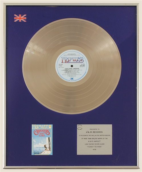 Carpenters "Ticket to Ride" Original U.K. Platinum LP Record Album Award